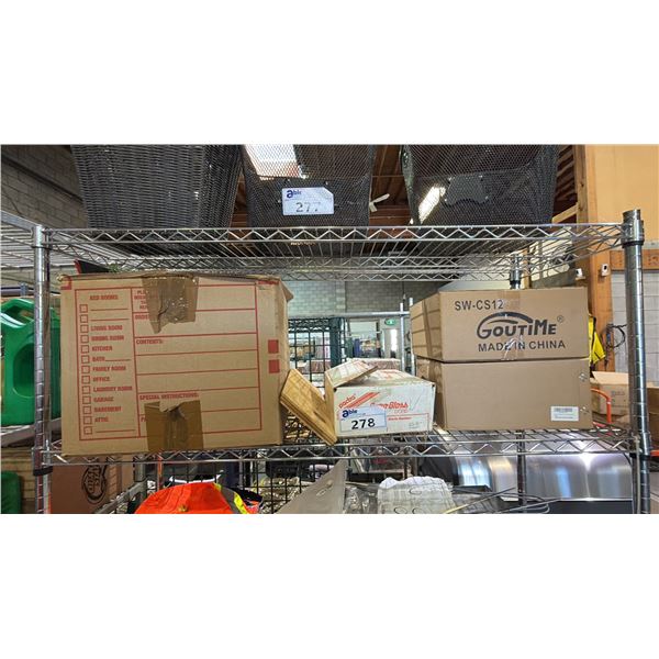 SHELF OF CHRISTMAS DECORATION, WOOD WALL SHELF & (2) GOUTIME CAKE STANDS