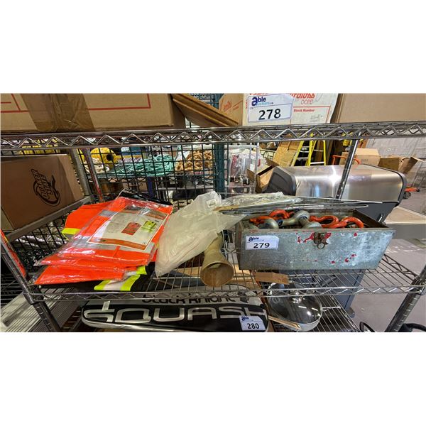SHELF OF REFLECTIVE VESTS, TOOLBOX & CONTENTS, VASE & MORE