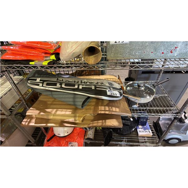 SHELF OF NEON ORANGE PAPER, YOGA MAT, SQUASH RACKET, METER STICK & NON STICK SAUTE PAN WITH LID