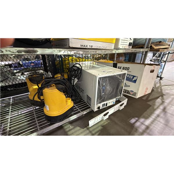 SHELF OF SUMP PUMPS, HYDROPONICS DEHUMIDIFIER & MORE
