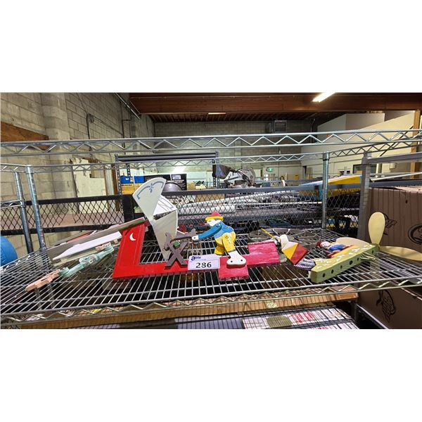 SHELF OF DECORATIVE WINDMILLS, NORITAKE SUGAR BOWL & WALL CLOCK: ONE WINDMILL NEEDS REPAIR
