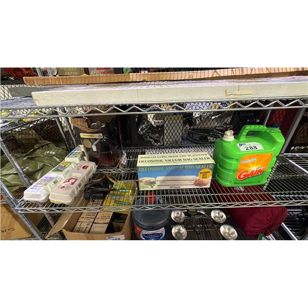 SHELF OF GOLF BALLS, VINTAGE KONICA CAMERA, VACUUM BAG SEALER & 8.87 GAIN ULTRA LIQUID DETERGENT