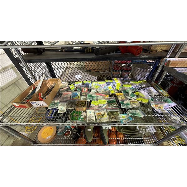 SHELF OF ASSORTED FISHING TACKLE: SPLIT SHOT, BELL SINKERS, FISHING LURES & MORE
