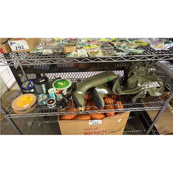 SIZE 9 FISHING BOOTS, DAIWA REEL & ASSORTED FISHING LINE