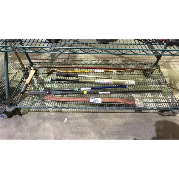 SHELF OF AXES, BAT, PRY BARS & MORE