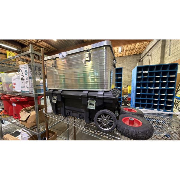 METAL STORAGE CHEST WITH KEY, HUSKY WHEELED STORAGE (DAMAGED) & (2) 10.5" WHEELS