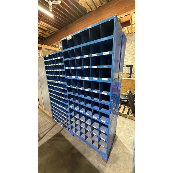 BLUE METAL 72 CUBBY STORAGE SHELF: APPROX. 77"T X 34"W X 12" D