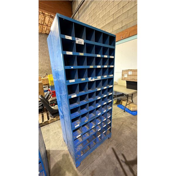 BLUE METAL 72 CUBBY STORAGE SHELF: APPROX. 77"T X 34"W X 12" D