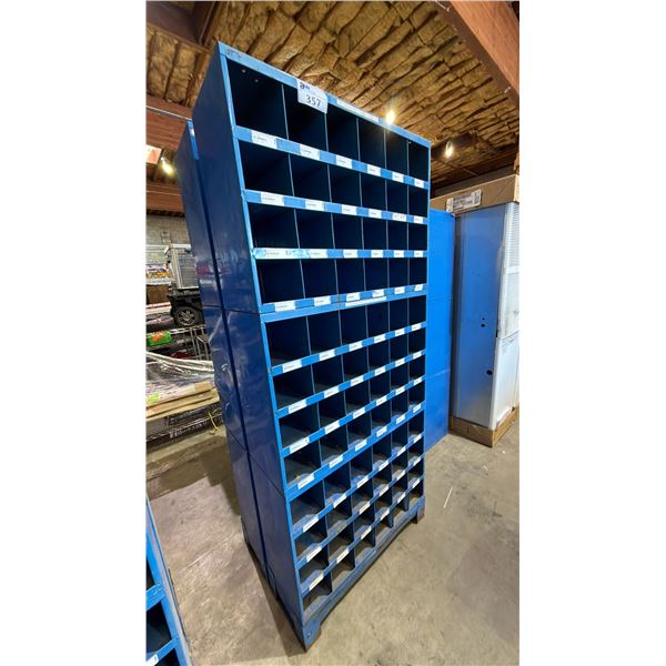 BLUE METAL 72 CUBBY STORAGE SHELF: APPROX. 77"T X 34"W X 12" D