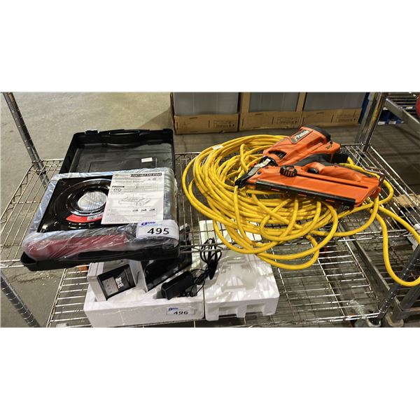 PORTABLE GAS STOVE, PASLODE IMPULSE CORDLESS NAILER W/BATTERY & EXTENSION CORD
