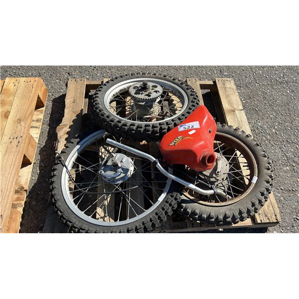 PALLET OF MOTORCYCLE PARTS INCLUDING; WHEELS & HONDA FUEL TANK