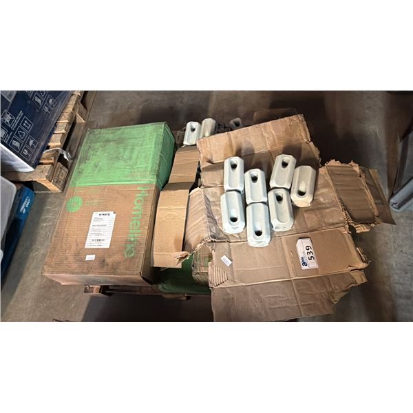 PALLET OF PORCELAIN GUY STRAIN INSULATORS & HOMELINE INDOOR MAIN BREAKERS *MUST TAKE ALL ON PALLET*