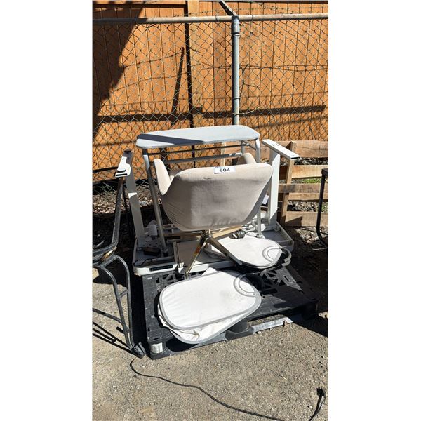 PALLET OF ASSORTED ITEMS INCLUDING; ROLLING OFFICE CHAIR, ELECTRIC HEIGHT ADJUSTABLE DESK, PORTABLE