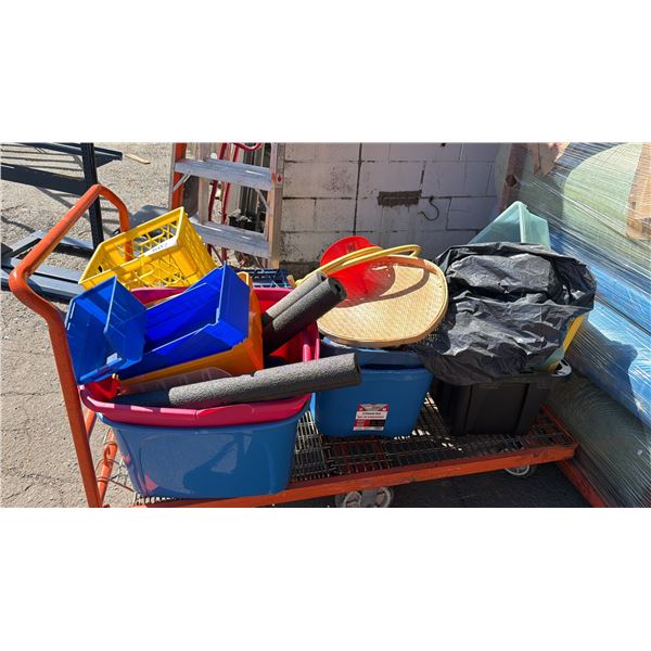 CART OF ASSORTED ITEMS INCLUDING; TOTES, MILK CRATES, ORGANIZERS, FUNNEL & MORE