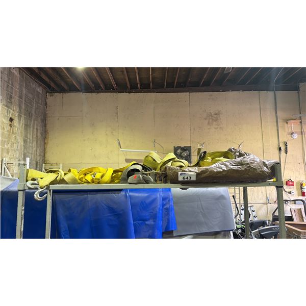 SHELF OF TOW STRAPS, RATCHET STRAPS & A TARP