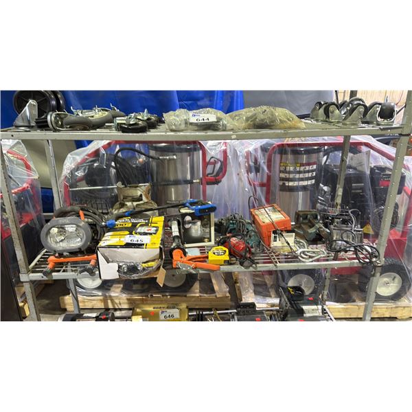 SHELF OF WORK LIGHTS, TIRE CHAINS, PROPANE TANK, ELECTRIC DRILLS & MORE