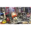 Image 3 : SHELF OF WORK LIGHTS, TIRE CHAINS, PROPANE TANK, ELECTRIC DRILLS & MORE
