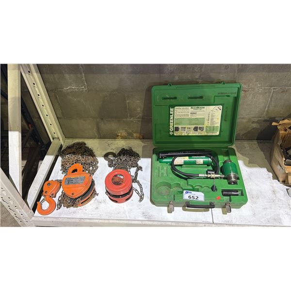 GREENLEE SLUG BUSTER PUNCH SET, ROK 2 TON CHAIN HOIST & 1 TON MANUAL CHAIN HOIST