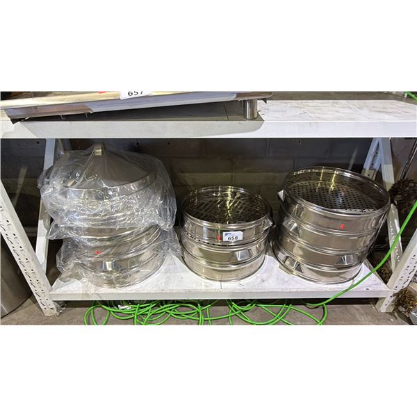 SHELF OF ASSORTED LARGE METAL STEAMERS