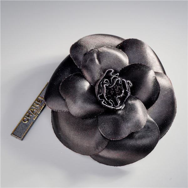 Chanel Paris Black Fabric Camellia Flower Brooch with Presentation Box