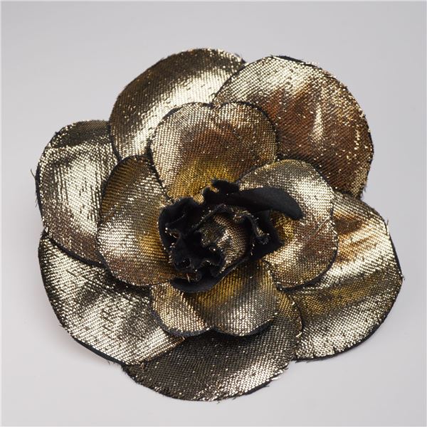 Chanel Paris Metallic Gold and Black Camellia Fabric Brooch