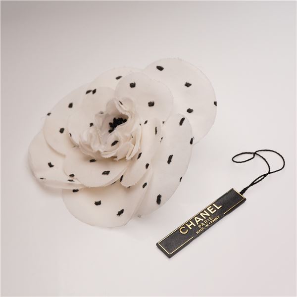 Chanel Paris White Polka Dot Fabric Camellia Brooch