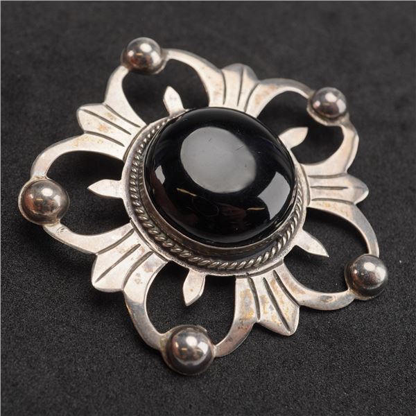 Mexican Sterling Silver Black Onyx Cabochon Openwork Brooch