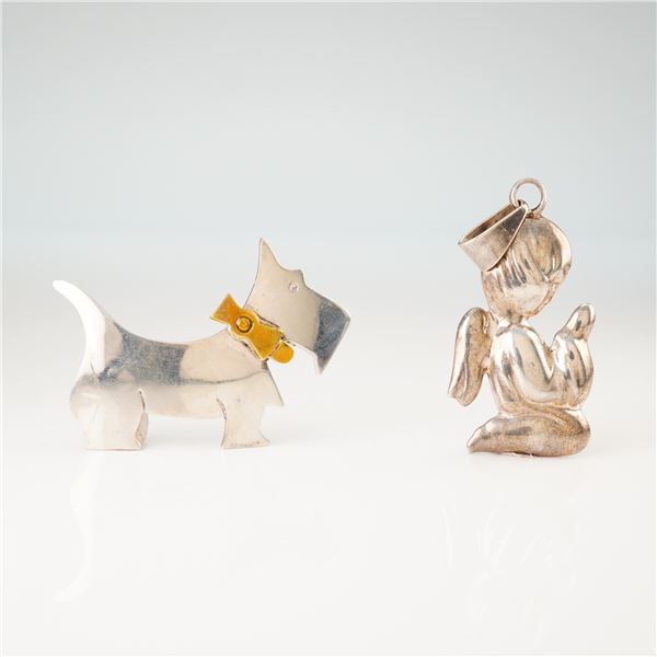 Mexican Sterling Silver Scottie Dog Brooch and Praying Angel Pendant