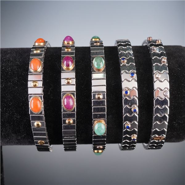 5pc Manuel Zed / Nomination Steel Stretch Bracelets w/ 18K Gold Accents