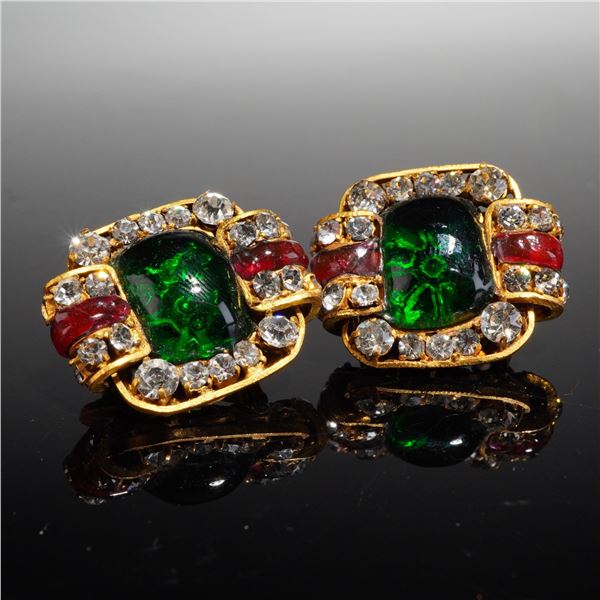 Pair of Chanel Gripoix Red and Green Glass Clip Earrings