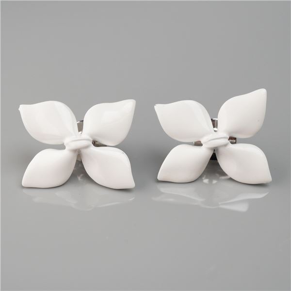 A Pair of Christian Dior White Enamel Flower Earrings