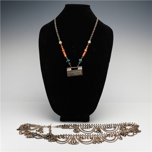 2pc Silver-Toned Chinese Locket Pendant Necklace and Belly Dancing Belt