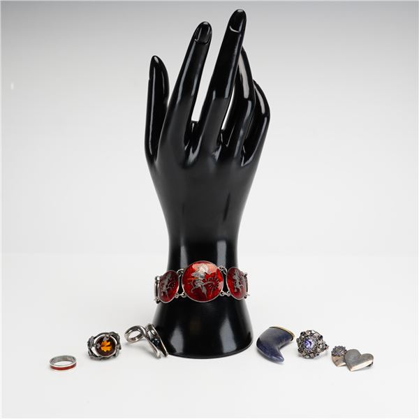 7pc Sterling Silver and Mixed Metal Rings, Bracelet, and Pin Collection