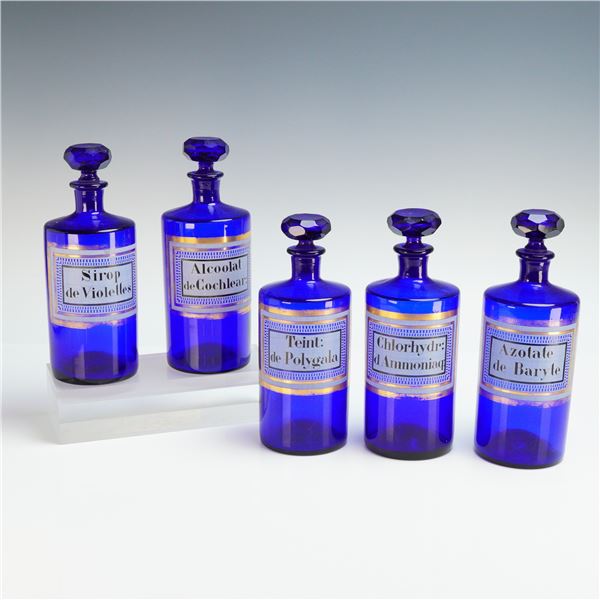5pc French Cobalt Blue Glass Apothecary Bottles