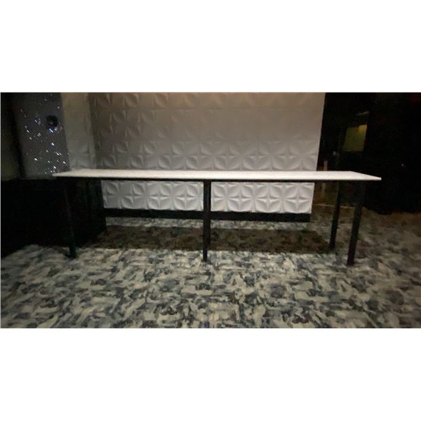 WHITE MARBLE TOP WITH BLACK METAL BASE LONG COUNTER TOP TABLE - APPROX. 12FT X 2FT X 4FT HIGH