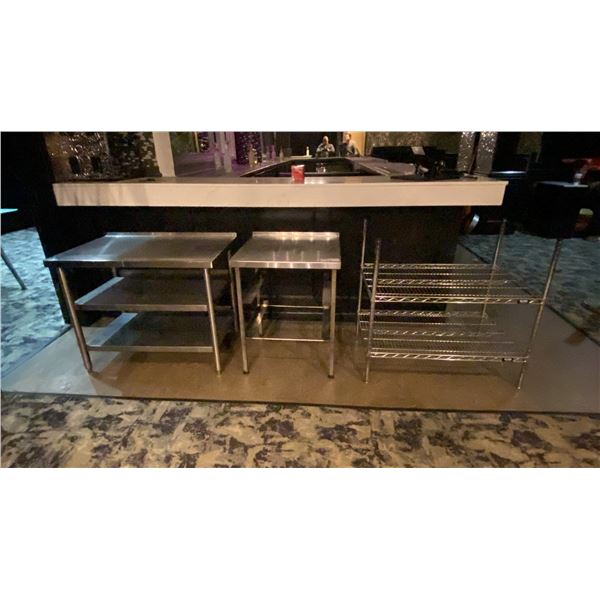 2 SMALL STAINLESS STEEL PREP TABLES AND SMALL ULINE METAL SHELF