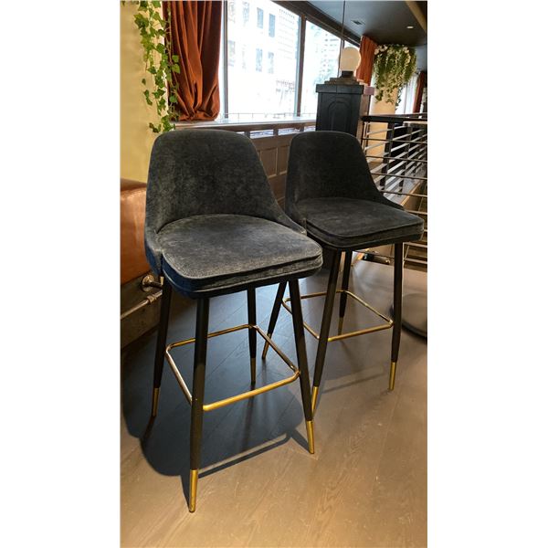 PAIR OF BAR STOOLS - BLUE CORDUROY FABRIC WITH BLACK & BRASS METAL LEGS