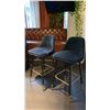 Image 2 : PAIR OF BAR STOOLS - BLUE CORDUROY FABRIC WITH BLACK & BRASS METAL LEGS
