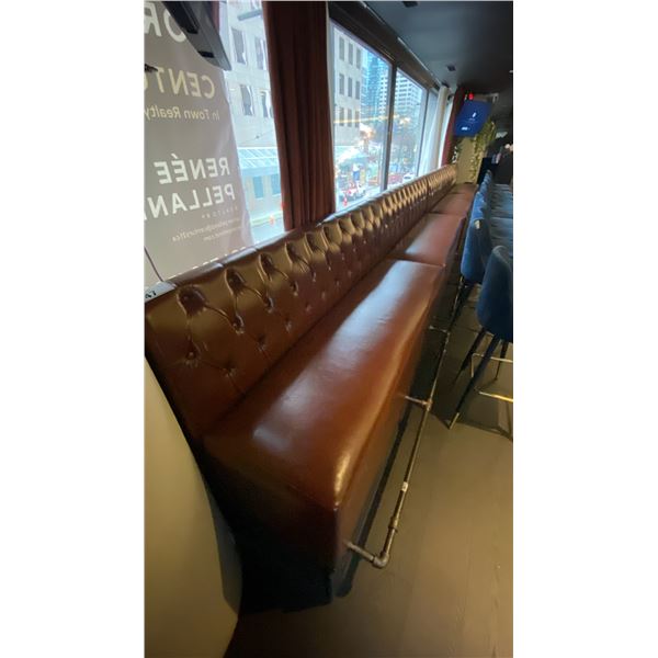 4 SECTIONS OF BURGUNDY LEATHER BOOTH/WALL BENCH SEATS - EACH SECTION 69" LONG X 45" HIGH APPROX, ...
