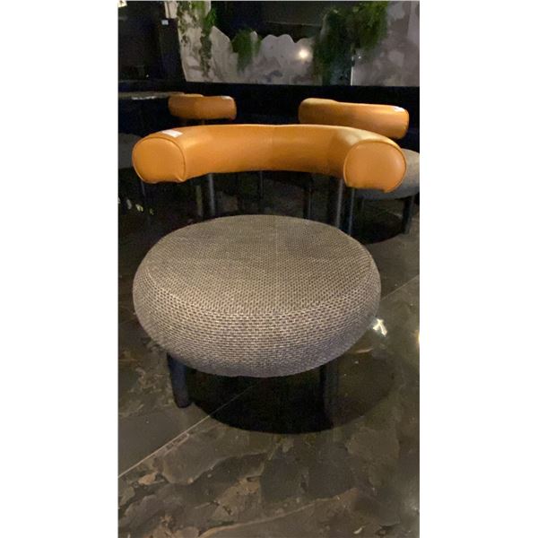 TWO TONE PADDED LOUNGE CHAIR - LIGHT BROWN LEATHER BACKREST & GREY FABRIC SEAT WITH BLACK METAL L...