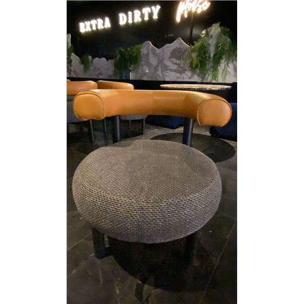 TWO TONE PADDED LOUNGE CHAIR - LIGHT BROWN LEATHER BACKREST & GREY FABRIC SEAT WITH BLACK METAL L...