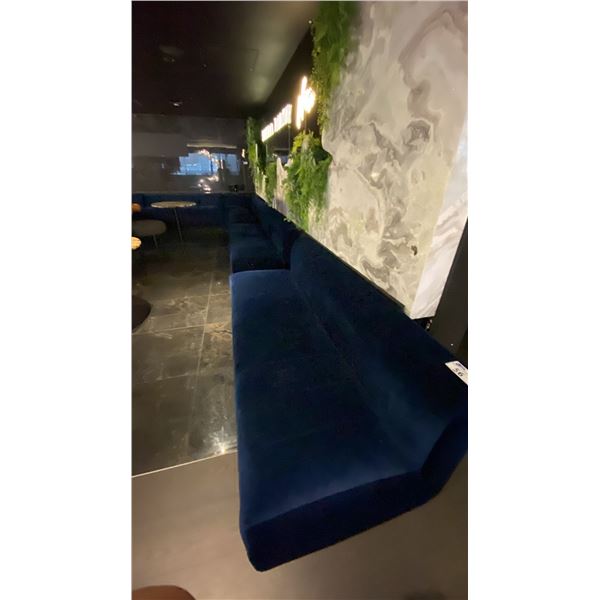 BLUE VELVET UPHOLSTERED BOOTH/BENCH SEATING - CONSISTS OF (6) 7FT SECTIONS AND (1) CORNER SECTION