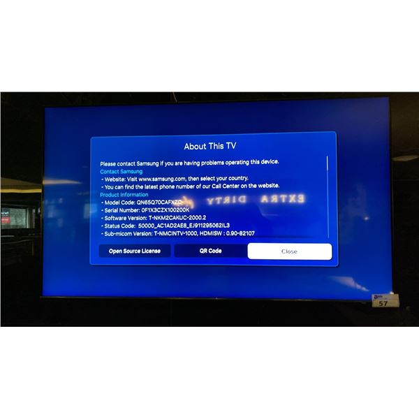 65" SAMSUNG TV WITH WALL MOUNT *NO REMOTE* *BUYER WILL REQUIRE TOOLS TO DETACH FROM WALL*