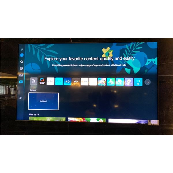 65" SAMSUNG TV WITH WALL MOUNT *NO REMOTE* *BUYER WILL REQUIRE TOOLS TO DETACH FROM WALL*