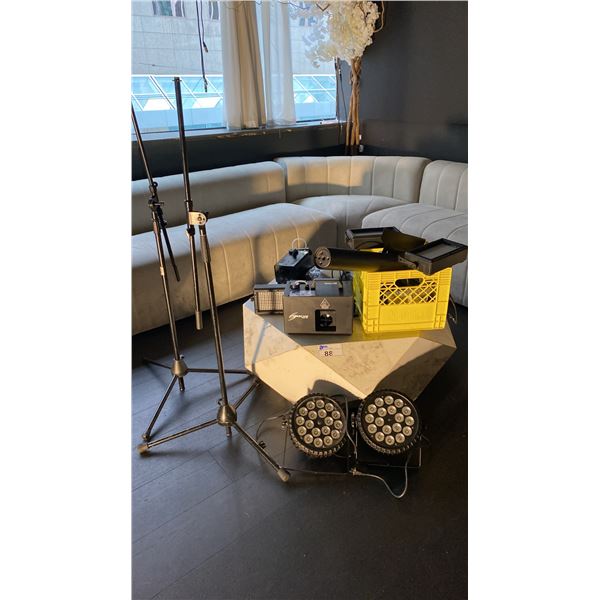 LARGE GROUP OF CLUB DJ EQUIPMENT AND DANCE FLOOR LIGHTS