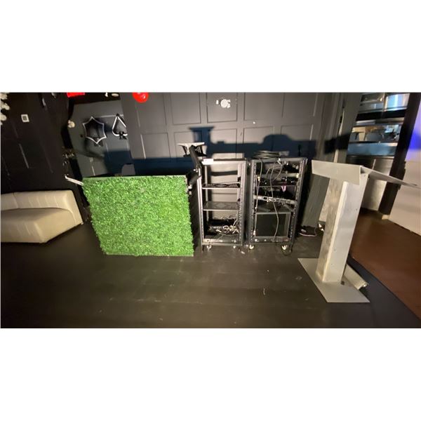DJ BOOTH, 2 AV STANDS, SMALL PODIUM STAND AND ASSORTED AUDIO COMPONENTS/ELECTRICAL CORDS