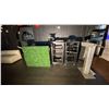 Image 1 : DJ BOOTH, 2 AV STANDS, SMALL PODIUM STAND AND ASSORTED AUDIO COMPONENTS/ELECTRICAL CORDS