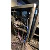 Image 4 : DJ BOOTH, 2 AV STANDS, SMALL PODIUM STAND AND ASSORTED AUDIO COMPONENTS/ELECTRICAL CORDS