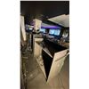Image 5 : DJ BOOTH, 2 AV STANDS, SMALL PODIUM STAND AND ASSORTED AUDIO COMPONENTS/ELECTRICAL CORDS
