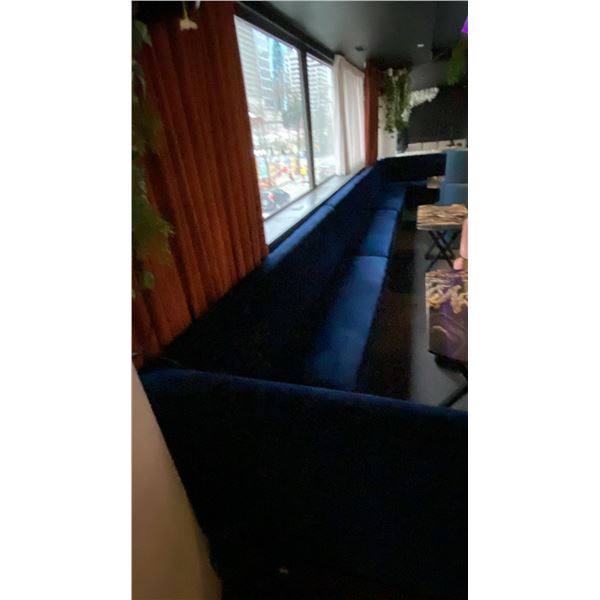 BLUE VELVET UPHOLSTERED BOOTH/BENCH SEATING - CONSISTS OF (3) 7FT SECTIONS AND (2) 5FT CORNER SEC...
